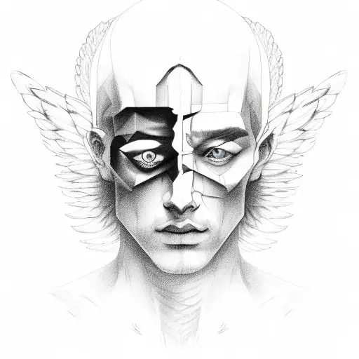 3 images of a man each on top of the other evolving into a half angel half devil  tattoo design idea