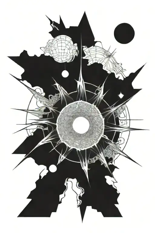 eclipse merging a burning sun, super detailed realisic full moon in center, no background, clean outline, minimal tattoo design idea