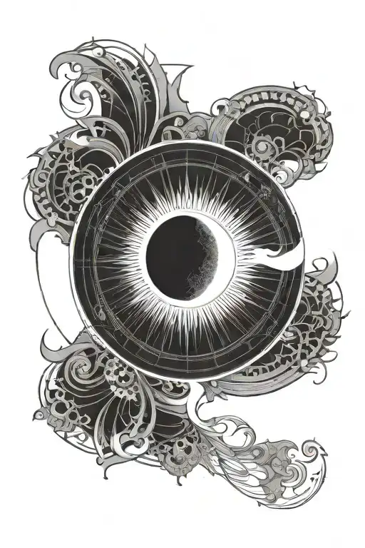 eclipse merging a burning sun, super detailed realisic full moon in center, no background, clean outline, minimal tattoo design idea