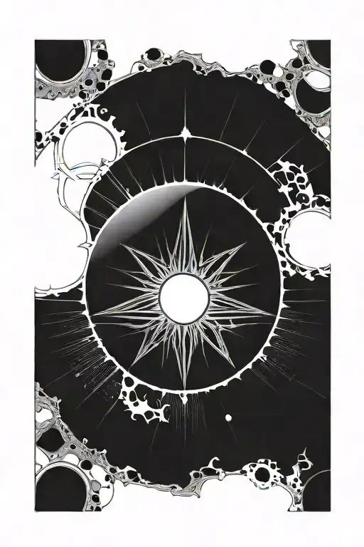 eclipse merging a burning sun, super detailed realisic full moon in center, no background, clean outline, minimal tattoo design idea