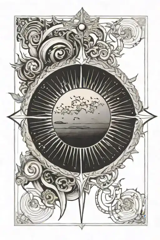 eclipse merging a burning sun, super detailed realisic full moon in center, no background, clean outline, minimal tattoo design idea