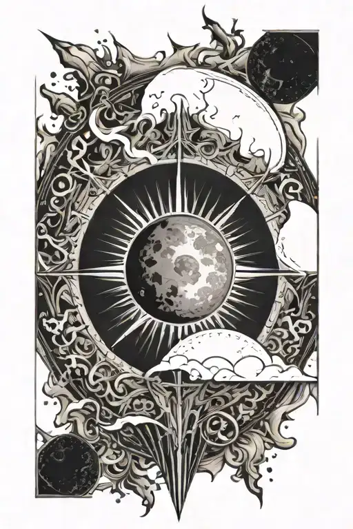 eclipse merging a burning sun, super detailed realisic full moon in center, clean outline, minimal tattoo design idea