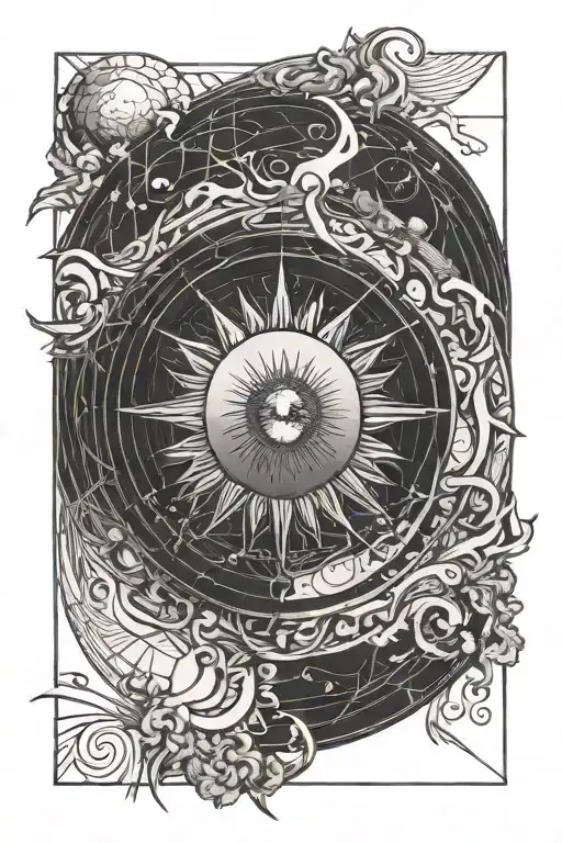 eclipse merging a burning sun, super detailed realisic full moon in center, no background, clean outline, minimal tattoo design idea