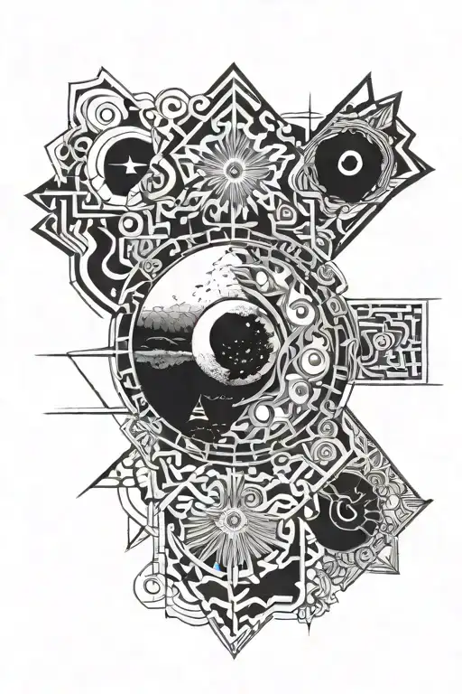 eclipse merging, super detailed realisic full moon in center tattoo design idea