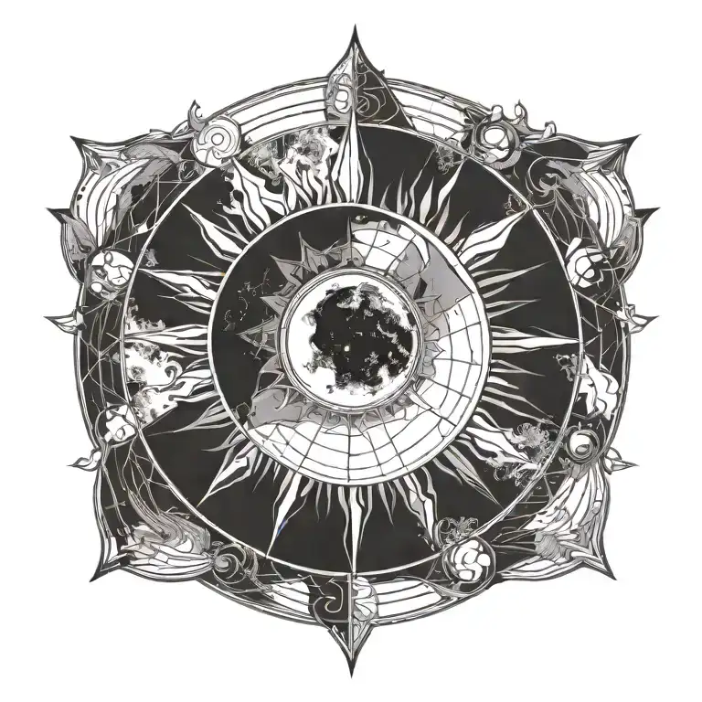 eclipse merging a burning sun, super detailed realisic full moon in center, clean outline, minimal tattoo design idea