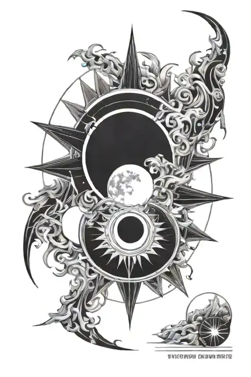 eclipse merging a burning sun, super detailed realisic full moon in center, clean outline, minimal tattoo design idea