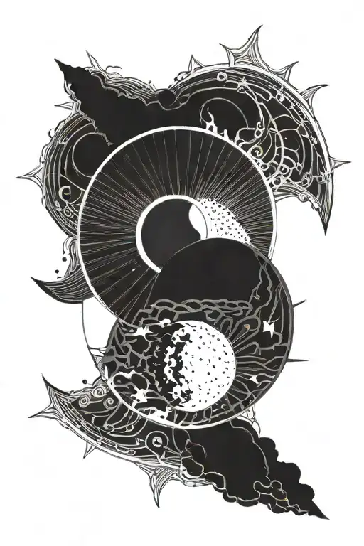 eclipse merging a burning sun, super detailed realisic full moon in center, no background, clean outline, minimal tattoo design idea