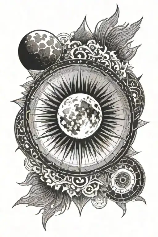 eclipse merging a burning sun, super detailed realisic full moon in center, no background, clean outline, minimal tattoo design idea