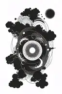 eclipse merging a burning sun, super detailed realisic full moon in center, no background, clean outline, minimal tattoo design idea