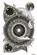 eclipse merging a burning sun, super detailed realisic full moon in center, clean outline, minimal tattoo design idea