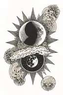 eclipse merging a burning sun, super detailed realisic full moon in center, clean outline, minimal tattoo design idea