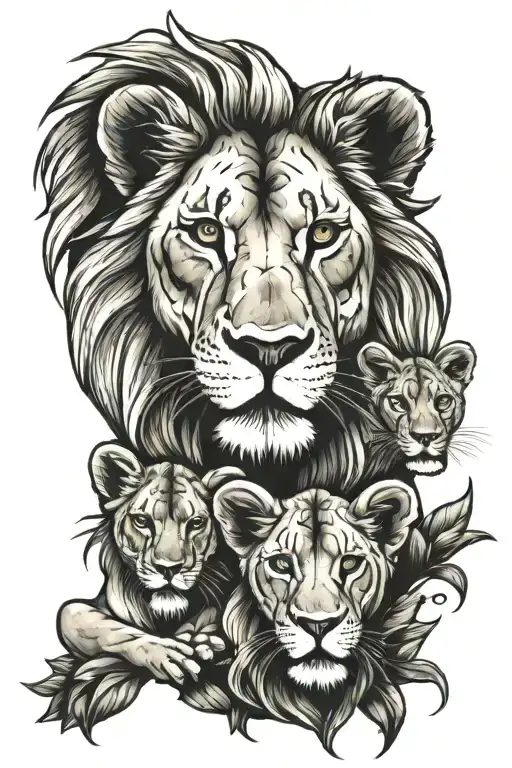lion lioness and 2 cubs face only tattoo design idea