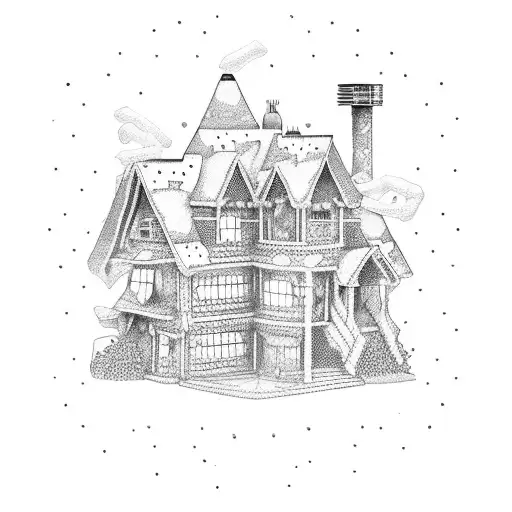 A dotwork design of a trap house, with intricate details of guns, drugs, and stacks of cash tattoo design idea
