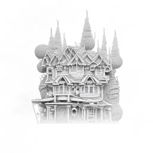 A dotwork design of a trap house, with intricate details of guns, drugs, and stacks of cash tattoo design idea