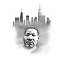 A black-grey portrait of BackBlockDoloShon 045, with the Chicago skyline and Martin Luther King Drive in the background tattoo design idea