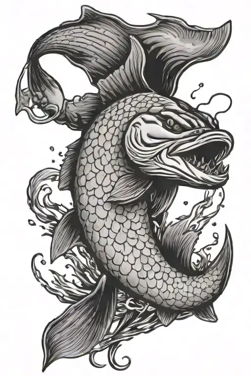 Pike jumping out of the water with lure in his mouth with a tag while being fished tattoo design idea