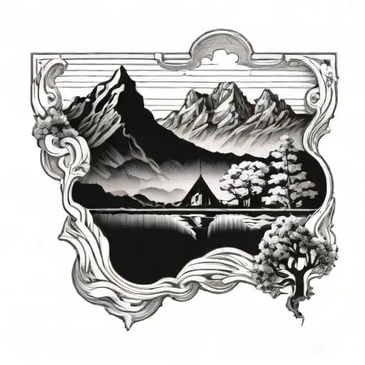 A mountain landscape with a hidden Christian symbol integrated into the scenery tattoo design idea