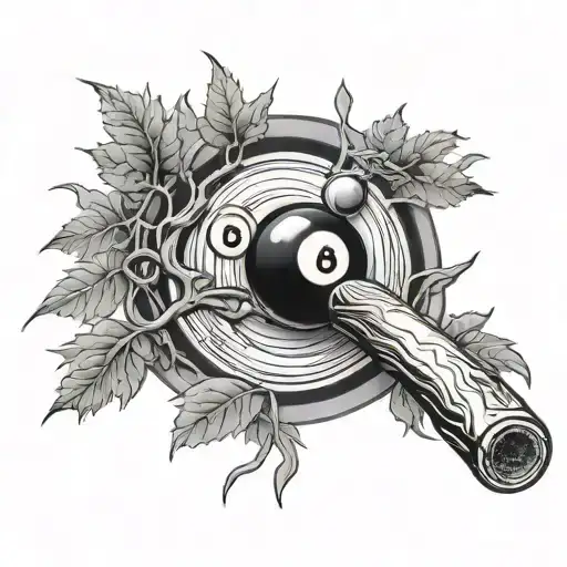 pool cue and 8 ball surrounded by a tree  tattoo design idea