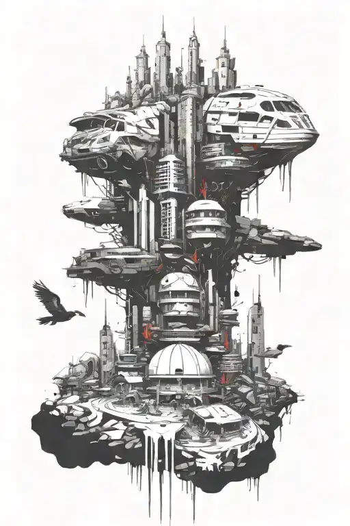 Cyber city over ran with evil and nature  tattoo design idea