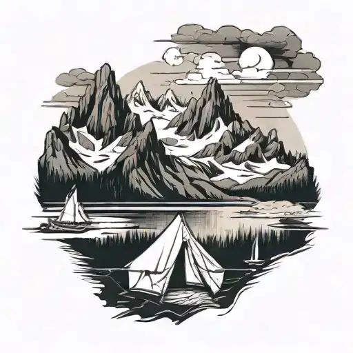 A majestic snow-capped mountain range with a beach scene at the base, incorporating elements of camping and boats tattoo design idea