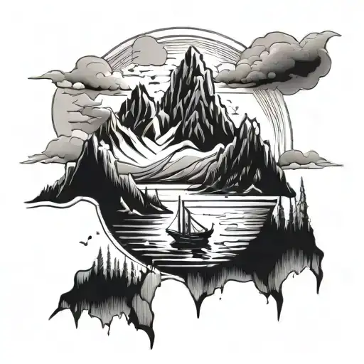 A majestic snow-capped mountain range with a beach scene at the base, incorporating elements of camping and a small tug  tattoo design idea