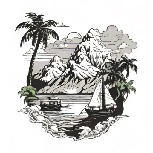 A snow-capped mountain range with a tropical beach scene at the base, incorporating camping and a small tug boat  tattoo design idea