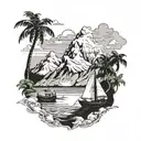 A snow-capped mountain range with a tropical beach scene at the base, incorporating camping and a small tug boat  tattoo design idea