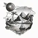 A snow-capped mountain range with a tropical beach scene at the base, incorporating camping and a small tug boat  tattoo design idea
