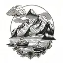 A snow-capped mountain range with a tropical beach scene at the base, incorporating camping and a small tug boat  tattoo design idea