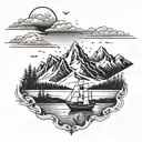 A snow-capped mountain range with a tropical beach scene at the base, incorporating camping and a small tug boat  tattoo design idea