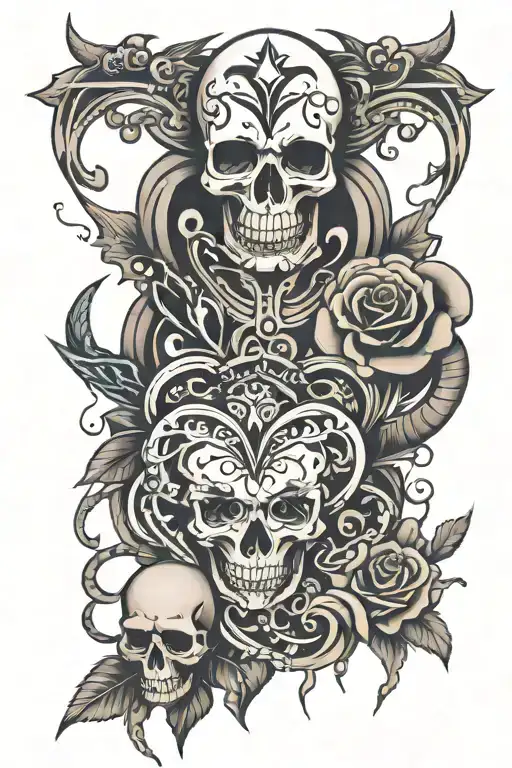 tribal, sancrum and skull broken hearts tattoo design idea