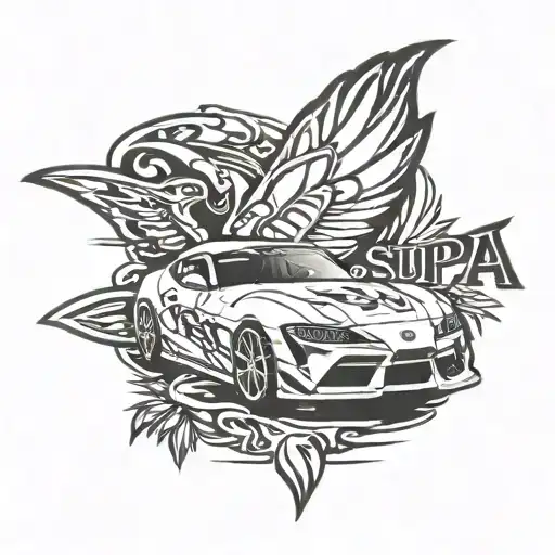 Text that says: "スプラ" With details that refer to the motorsport legend the "Toyota supra" tattoo design idea