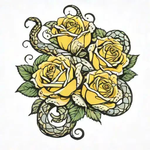 yellow rose wit two rattle snake rattles tattoo design idea