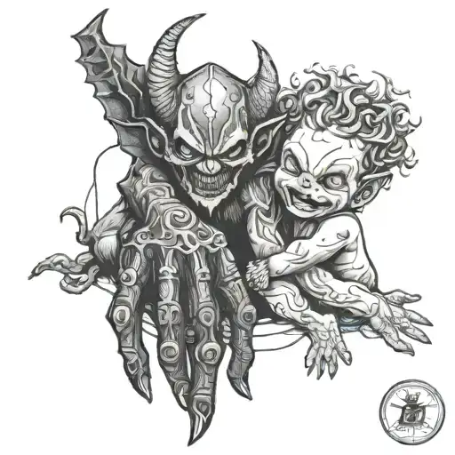 A demon holding hands with a child, symbolizing the balance between good and evil tattoo design idea