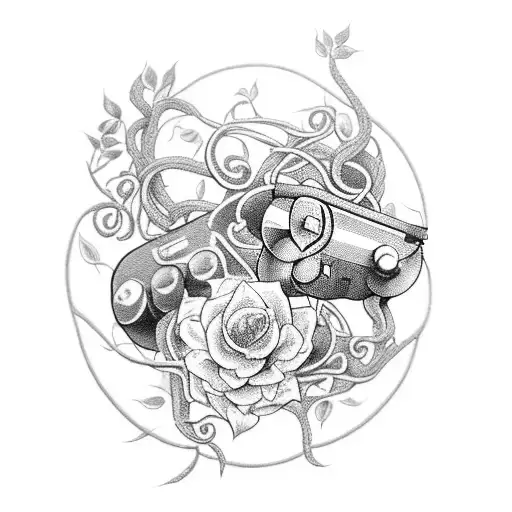 A black and grey tattoo of a gaming controller entwined with vines and flowers, showcasing the client's love for online games and nature. tattoo design idea