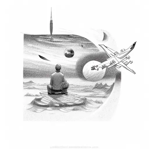 Sitting with a single partner in a middle of the night watching the bright half moon and bright stars. A jet plane passe tattoo design idea