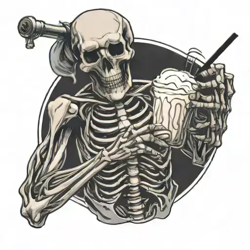 Skeleton drinking a milkshake with milkshake pouring through ribs tattoo design idea