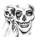 sugar skulls in the stlye of smile now cry later drama masks. realism. detailed tattoo design idea