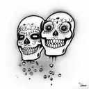 sugar skulls in the stlye of smile now cry later drama masks. realism. detailed tattoo design idea