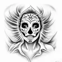 sugar skulls in the stlye of smile now cry later drama masks. realism. detailed tattoo design idea