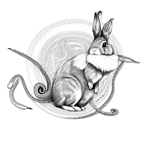 Mystical rabbit with wings and snake around the rabbit's neck tattoo design idea