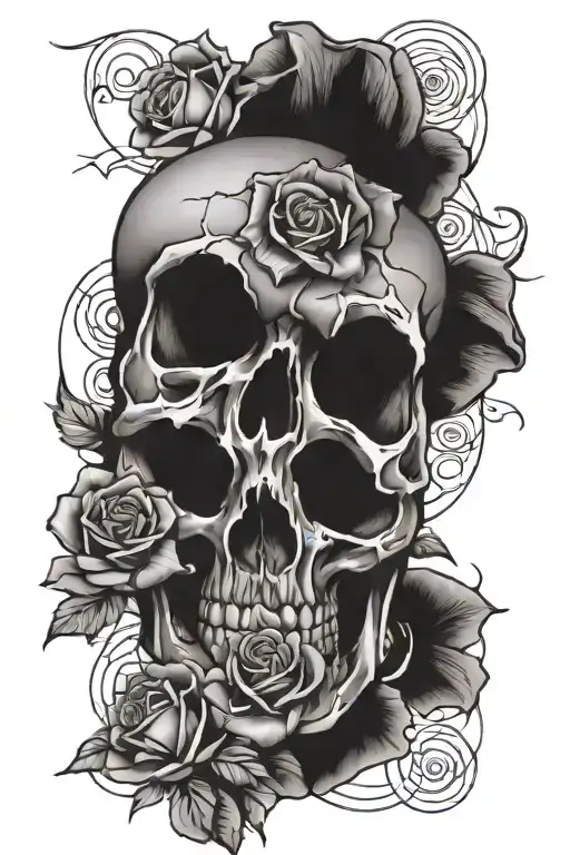 broken skull inside roses tattoo design idea