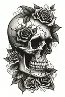 broken skull inside roses tattoo design idea