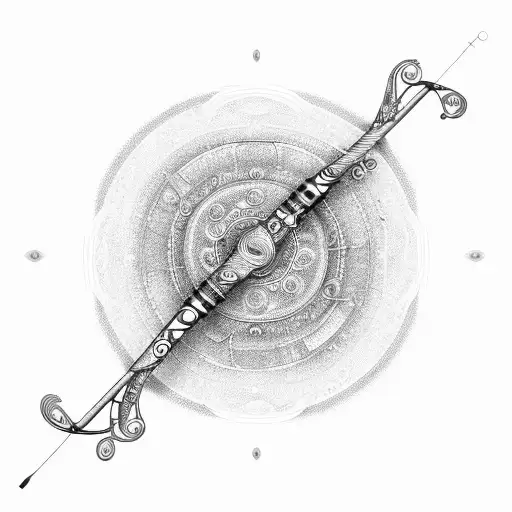 A detailed illustration of a fishing rod with a line that transforms into a swirling vortex tattoo design idea