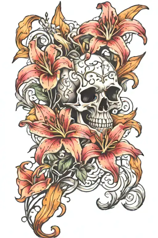arm sleeve tattoo with star gazer lilies and smokey clouds with vines and skulls tattoo design idea