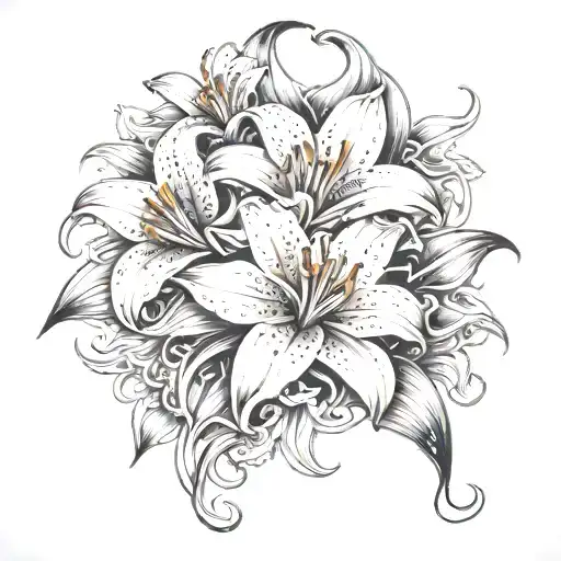 Star gazer lily smokey clouds surrounding it with viens and skulls  tattoo design idea
