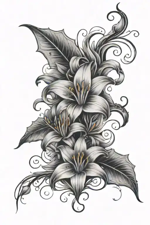 arm sleeve tattoo with star gazer lilies and smokey clouds with vines and skulls tattoo design idea