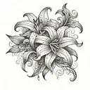 Star gazer lily smokey clouds surrounding it with viens and skulls  tattoo design idea