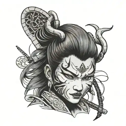 Female samurai who takes her demon mask of her face tattoo design idea