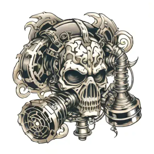 biomechanical sleeve with skull gas mask tattoo design idea